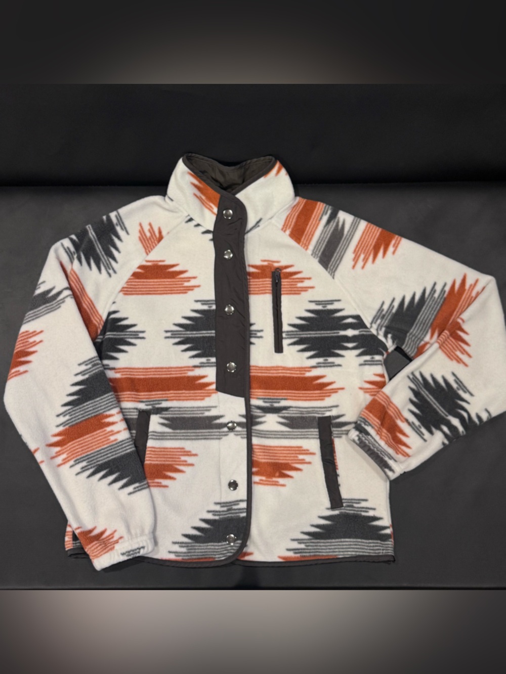 White Aztec Fleece Jacket with Orange & Gray Pattern NEW size XS